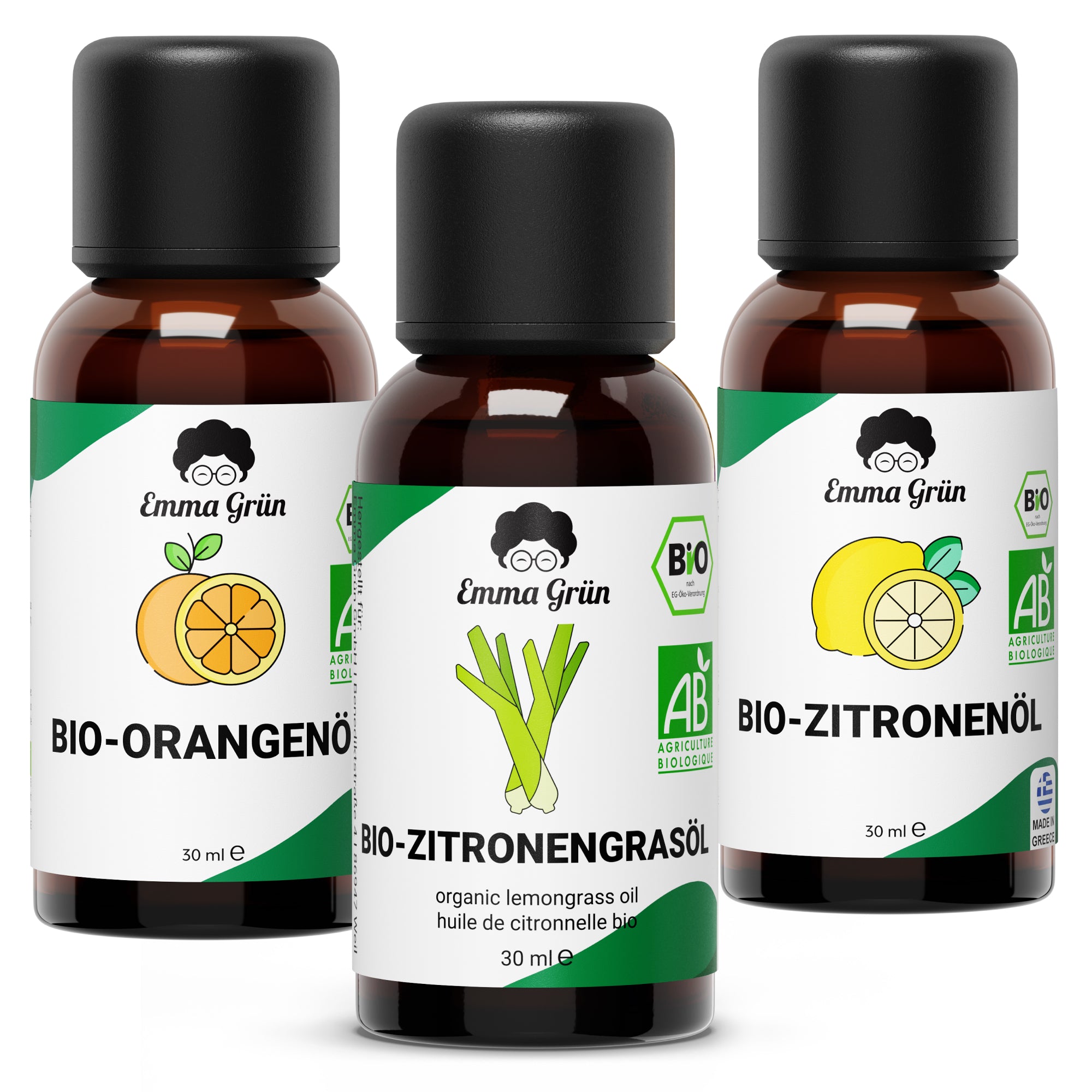 "Zitrus Zauber" Öle Maxi-Set mit Orangen-, Zitronen- & Lemongrasöl  Emma Grün   